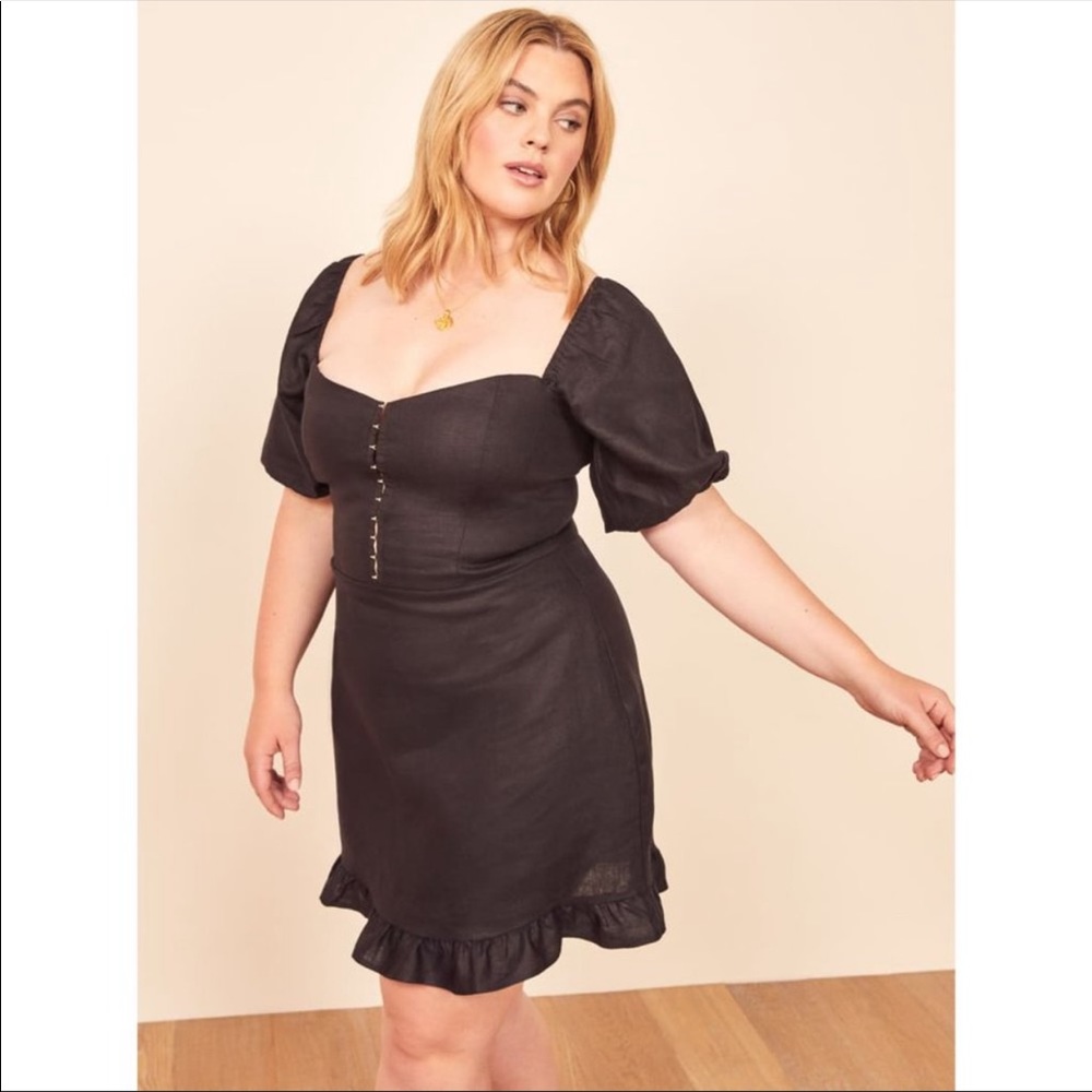 Reformation Black Sweetheart Puff-Sleeve Mini Dress